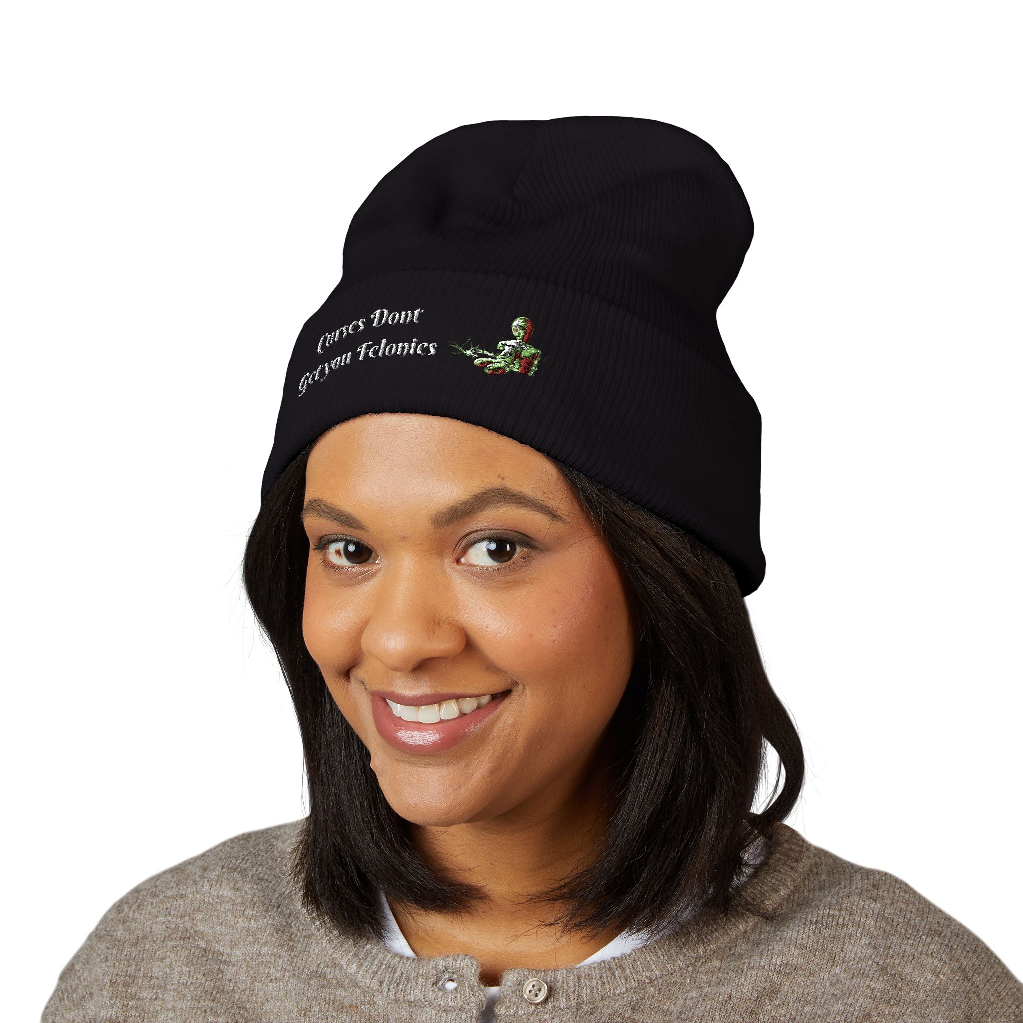 Curses Don’t Get You Felonies” Beanie – Witchy Humor Meets Cozy Style